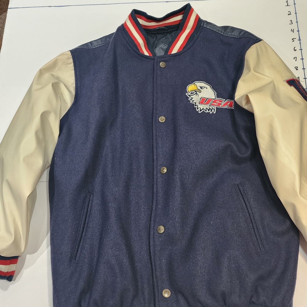 Steve & Barry's Varsity Letterman Jacket Mens Small Black Cream USA Eagle Flag
